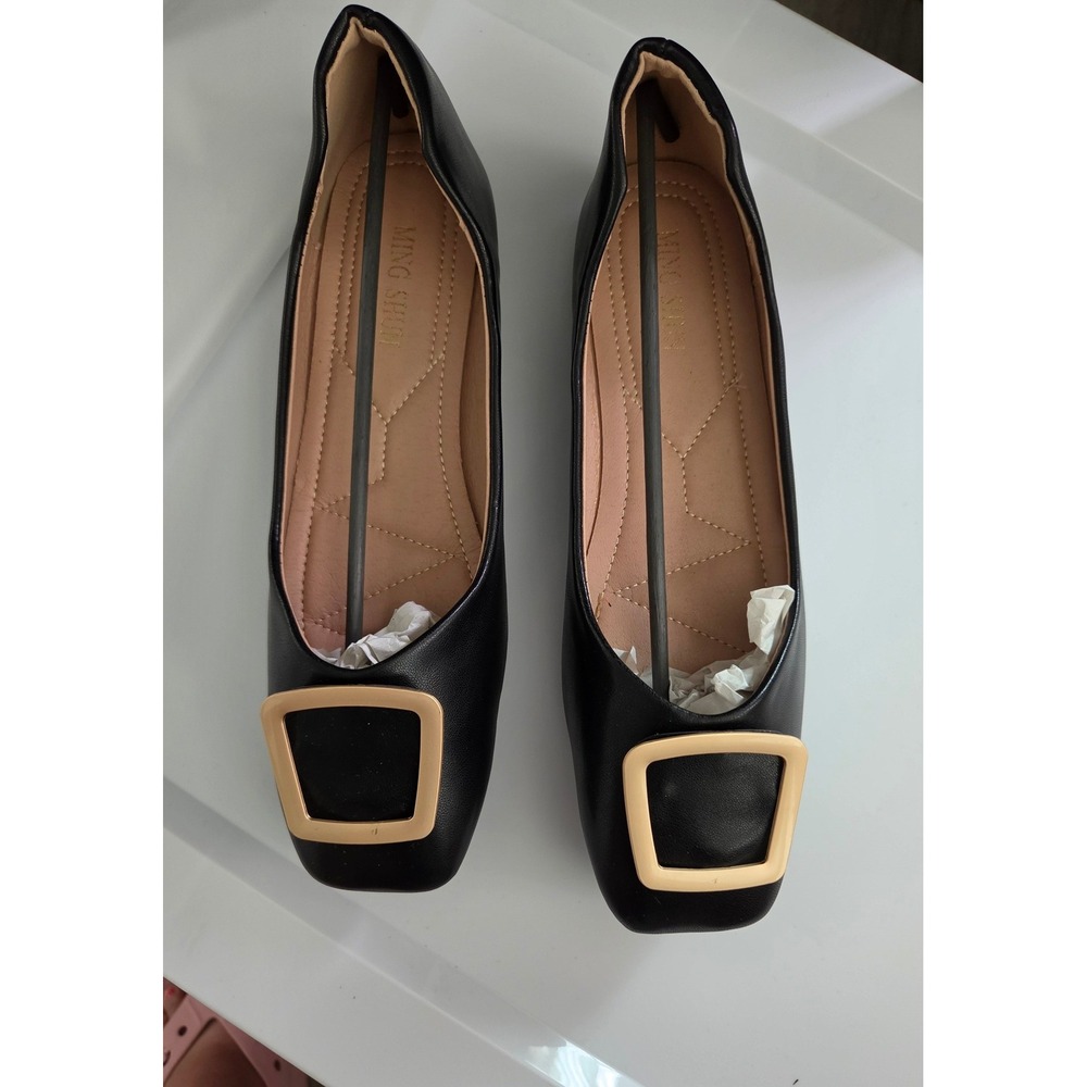 Ming Shun Women's Black Square Toe Ballet Flats Gold Buckle‎ Slip On Shoes  (10)